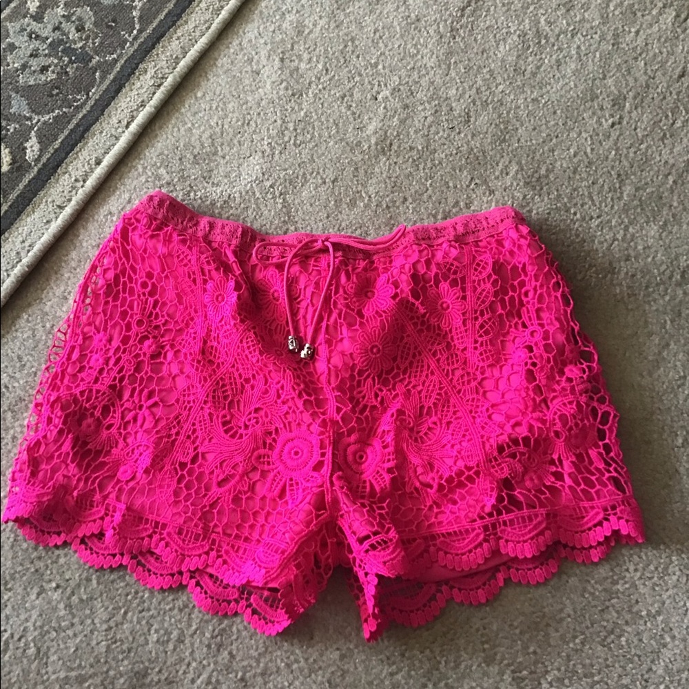 Shorts crocheted look hot pink lace lined Large scalloped edge sexy femi…